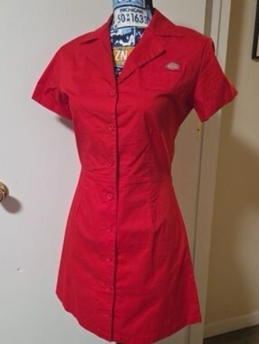 Vintage Y2K Dickies Red Work Shirt Utility Dress Button Up M 2000s RARE Punk